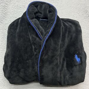 Polo Ralph Lauren Plush Robe Mens One Size‎ Tall Black Blue Pony & Trim No Belt